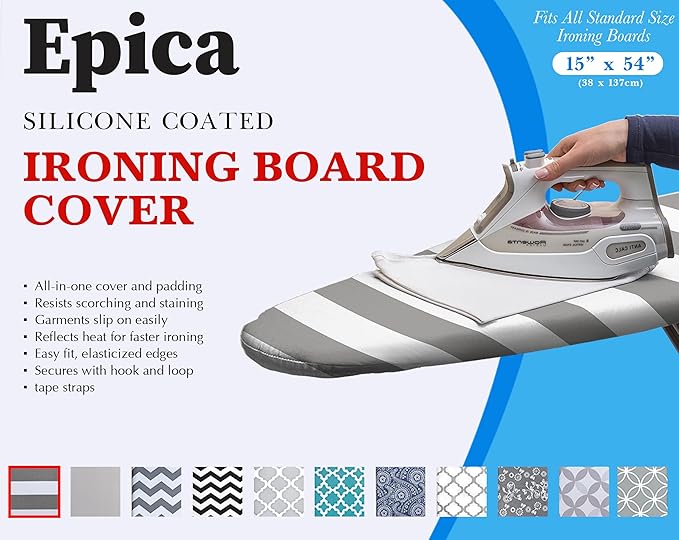 Epica Ironing Board Cover and Pad - Standard Size 15x54 Padded Ironing Board Covers, Heat Reflective Coating, Thick Pads, Scorch & Stain Resistant Iron Board Cover with Padding Grey & White Stripe
