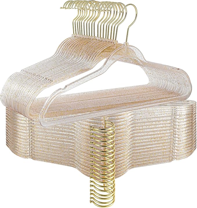 Clear Acrylic Plastic Hangers for Clothes for Adult Closet Heavy Duty Hangers Space Saving 360 Degree Swivel Hook and Notches (20, Gold/Gold Glitter)