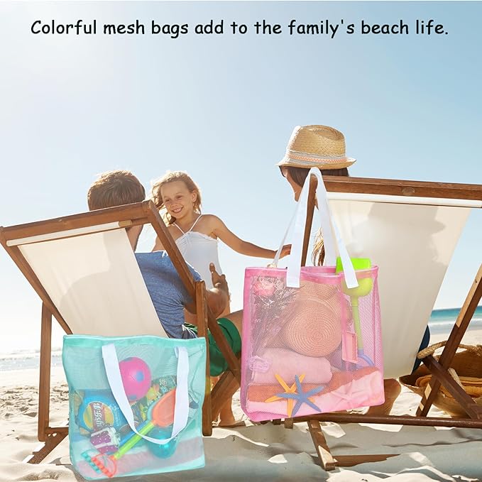 Reusable 4Pack Colorful Mesh Beach Tote Bags,Mesh Shopping Bag With Drawstring For Travel,Toys,Gift Or Laundry … …
