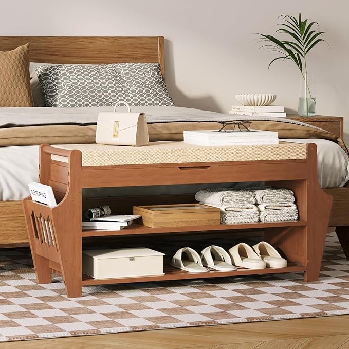 34.3in Shoe Bench, Bamboo 3-Tier Entryway Bench with Storage, Shoe Rack Organizer Holds Up to 330 lb, 34.3 x 11.8 x 18.9 Inches for Entryway Bedroom Closet Living Room Hallway
