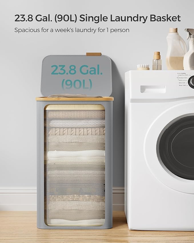 SONGMICS Laundry Hamper with Lid, Large Laundry Basket, 23.8 Gallons (90L), Removable Mesh Liner, Bamboo Handles, Collapsible, 16.5 x 12.6 x 27.8 Inches, Dove Gray ULCB509G01