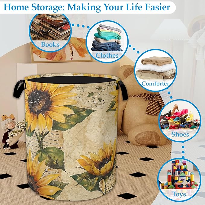 Vintage Sunflowers Laundry Basket Collapsible Laundry Hamper, Oxford Cloth Storage Bin for Room/Bathroom/Bedroom/Dormitories 16" X 20.8"