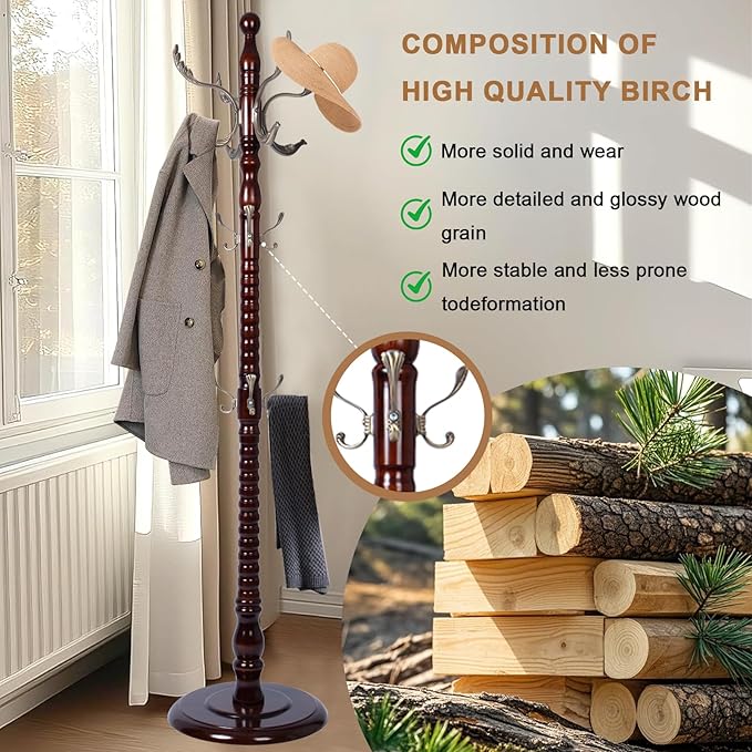 Solid Wood Coat Rack, Free Standing Hall Coat Tree with 14 Hooks, 3 Height Options, 300lbs Load, Stury Base, Clothes Rack for Entryway, Hallway, Bedroom (Disc Base - Metal Phoenix Hook)