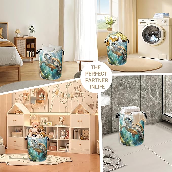 Laundry Hamper,Sea Turtle Laundry Basket,Watercolor Green Ocean Portable Collapsible Laundry Room Organization Storage for Dorm Room,Nursery,Bathroom,Bedroom,16x20 Inch