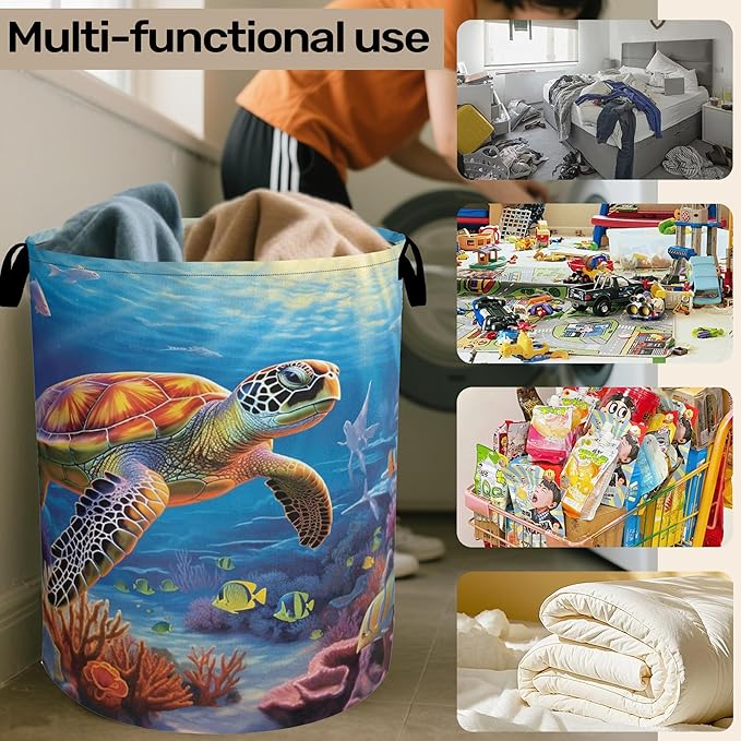 Sea Turtle Large Clothes Hamper Bag - Laundry Basket with Handles, Space Saving Foldable Design for Nursery