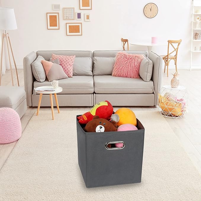 Fabric Cloth Storage Bins,Fabric Cube Organizer with Dual Handles Foldable Cube Storage Baskets for Home Bedroom Storage,Set of 6, Gray