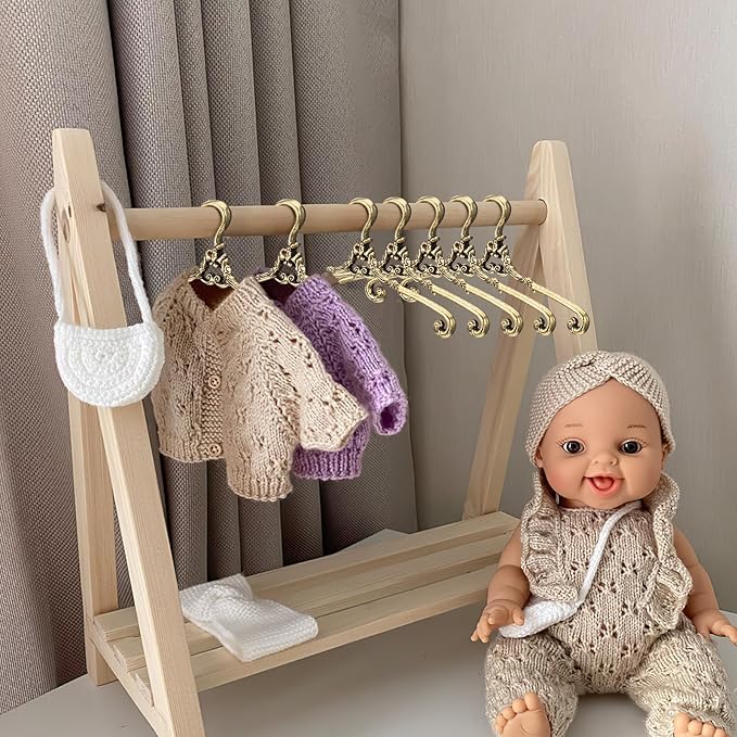 24Pcs Mini Clothes Hangers Metal Wire Doll Clothes Hangers for Dollhouse Wardrobe Golden 1.6 Inch Organize Doll Outfits and Display Accessories
