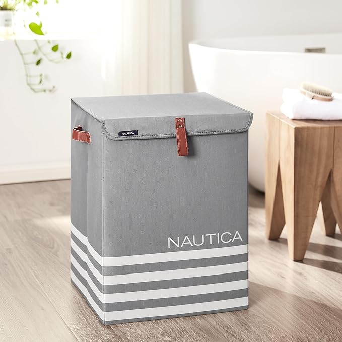 Nautica - Laundry Basket, Foldable Hamper & Storage Bin with Lid, Closet Organizers, Home Essentials (Grey Stripe)