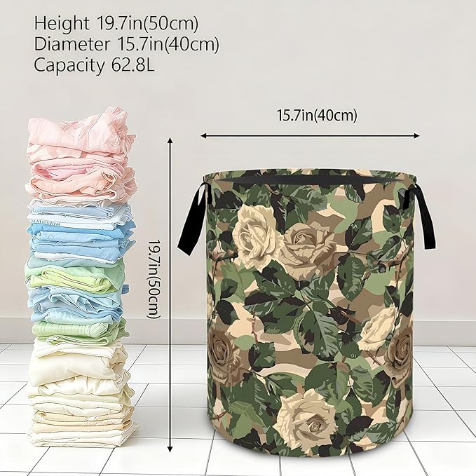 Retro Camo Rose Flower Laundry Basket,Dirty Clothes Hamper,Camouflage Floral Storage Bin Gifts,Foldable Waterproof Oxford Cloth Baskets for Bathroom,Bedroom,Home Decoration(19.7" x 15.8")