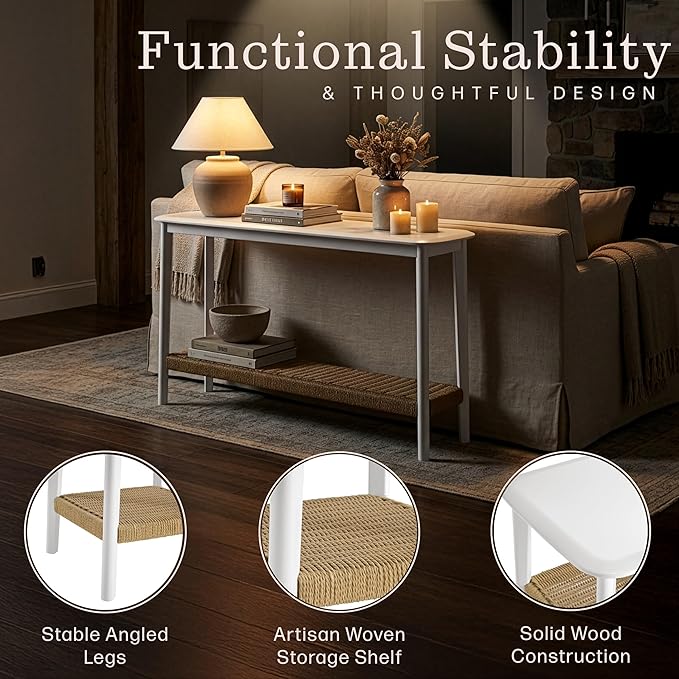 Alaterre Furniture Calais Console Table - 48 Inch 2-Tier Entry Table with Storage Shelf - Wooden Entryway Furniture for Living Room, Hallway, or Foyer - Behind The Couch Living Room Furniture (White)