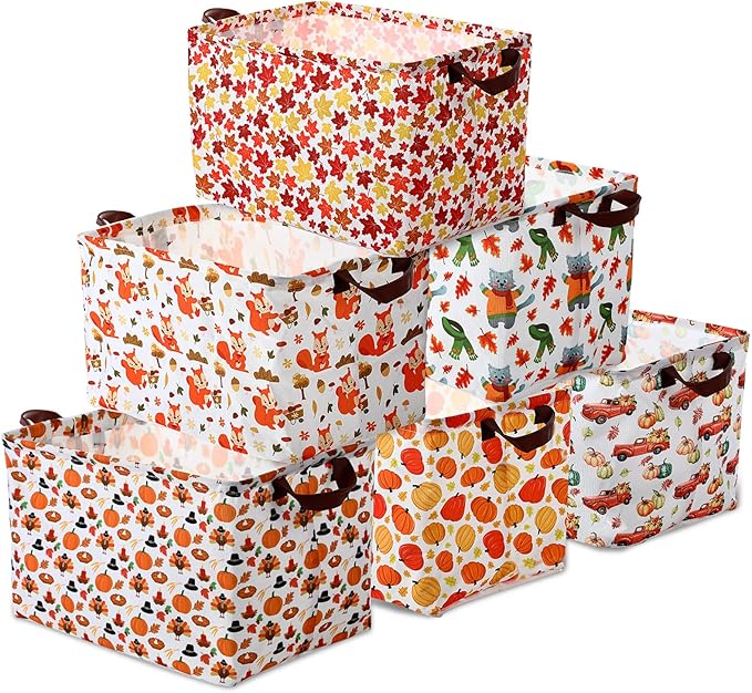 Vesici 6 Pack Thanksgiving Storage Basket for Gifts Fall Basket Farm Harvest Pumpkin Turkey Maple Leaf Storage Bins Foldable Laundry Box with Handle for Office Home Bedroom Clothes