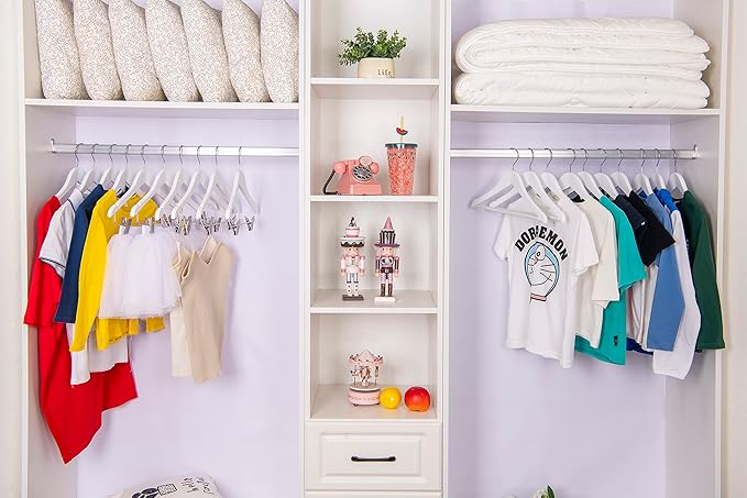 Quality 12” Kid's Wooden Hangers, 20 Pack Baby Hangers, Children's Coat Hangers with Pants Bar, Notches, Anti Rust 360 Swivel Hook for Coats, Suits, Jackets - Toddler Cloth Hanger Set (White, 20)