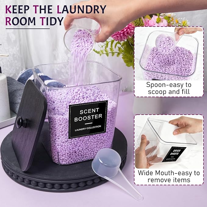 5 Pack Laundry Pods Container, Clear Laundry Room Organization Containers,Large Laundry Detergent Powder Storage Containers Black Wooden Lids & Labels, Acrylic Dryer Sheet Holder Decor