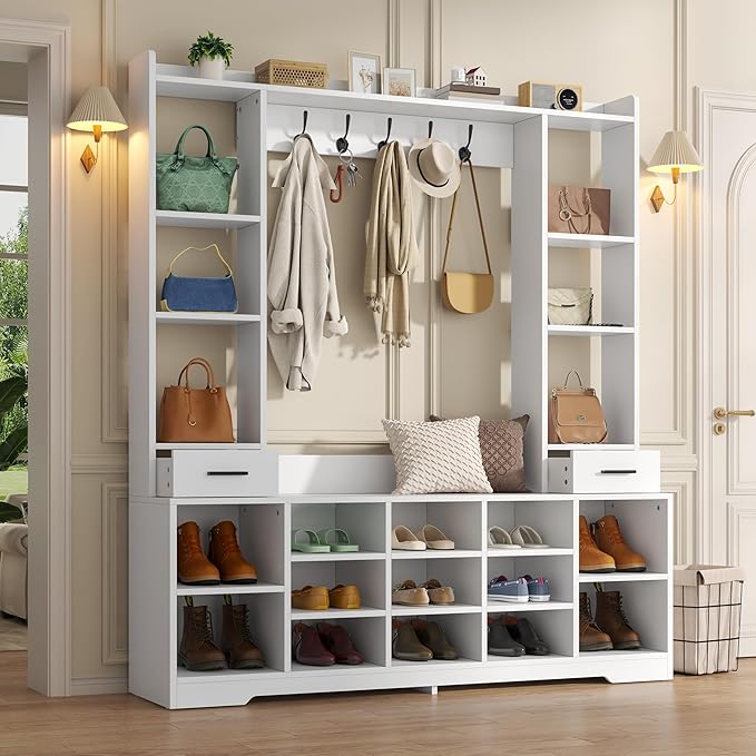 Semoic Farmhouse Hall Tree with 2 Independent Drawers,6-in-1 Entryway Bench with Coat Rack Adjustable Shoe Storage for Foyer/Hallway,White