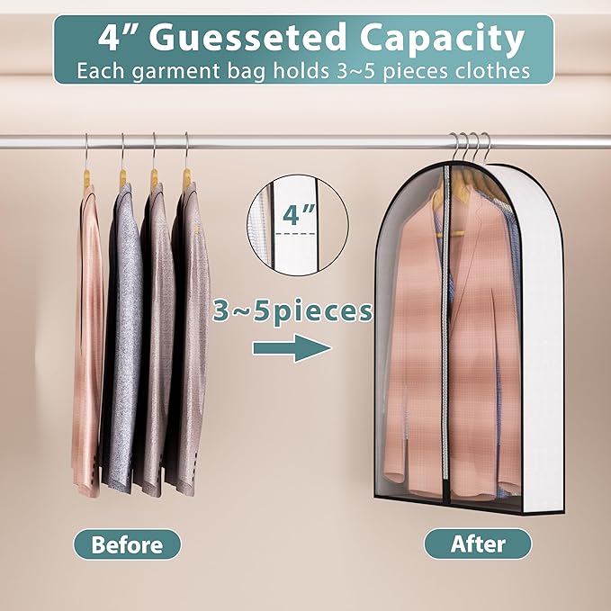 32” Garment Bags for Hanging Clothes 4” Gusseted - with Clear Window, Breathable Fabric, Metal Zipper, Suit Coat Fur Protector for Closet storage, clothes Season Off, Moving, 5 Pack