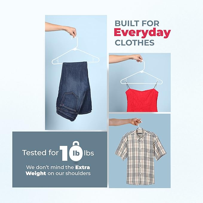 Neaties Plastic Hangers 100 Pack – Made in The USA – 6lb Capacity Standard Clothes Hangers with Strap Hooks for Dresses, Lingerie, Shirts, Pants, and Jackets – White & Blue
