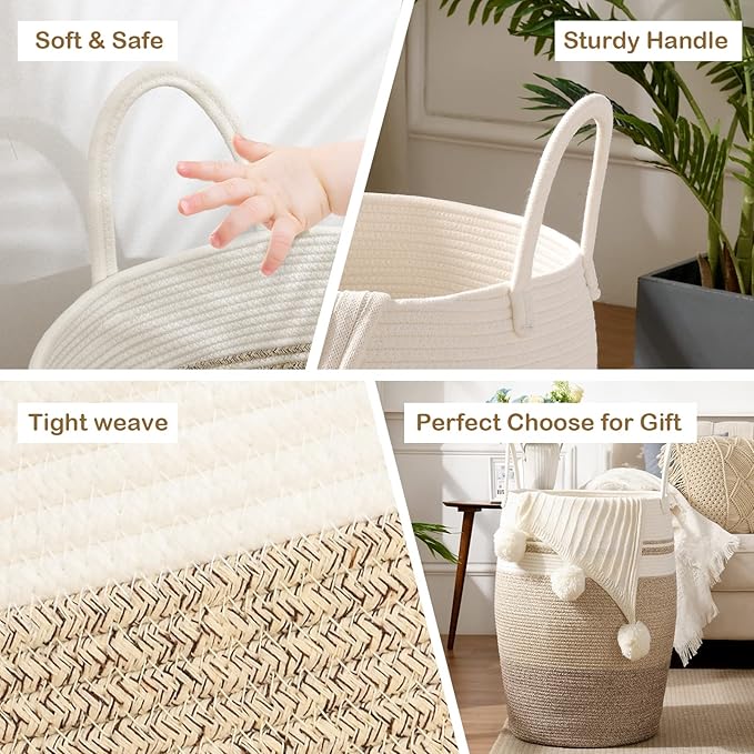 OIAHOMY Laundry Hamper Woven Rope Large Clothes Hamper 25.6" Height Tall Laundry Basket with Extended Handles for Storage Clothes Toys in Bedroom, Bathroom, Foldable (Gradient Yellow)