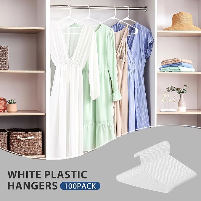 HomGarden Standard White Plastic Hangers - 100 Pack Tubular Clothes Hangers for Adults