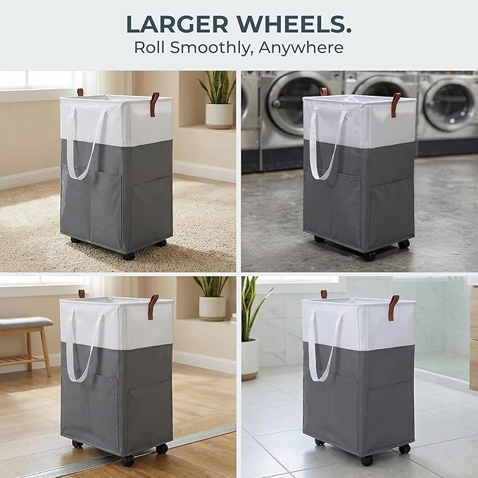 Laundry Basket with Wheels – Foldable, Space-Saving, Fabric Slim Laundry Hamper with Removable Bag and Side Pouches – Lightweight 75L Washing Basket for Clothes, Bedroom, Bathroom, Dorm