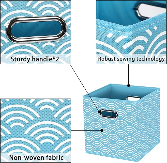 Fabric storage bins Cubes, Fabric Cube Organizer with Handle, Foldable Cube Bins for Cloth or Accessary Storage, 11x11x11, Set of 3, (Blue clouds)