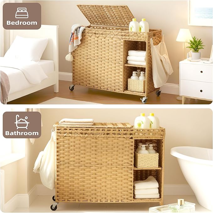 Laundry Hamper with Lid, 160L Rattan Wicker Laundry Basket with Wheels, Handwoven Laundry Hamper 3-Section with Storage shelf(42.3 Gal), Laundry Sorter Basket with Removable Liner, Natural HLH033N