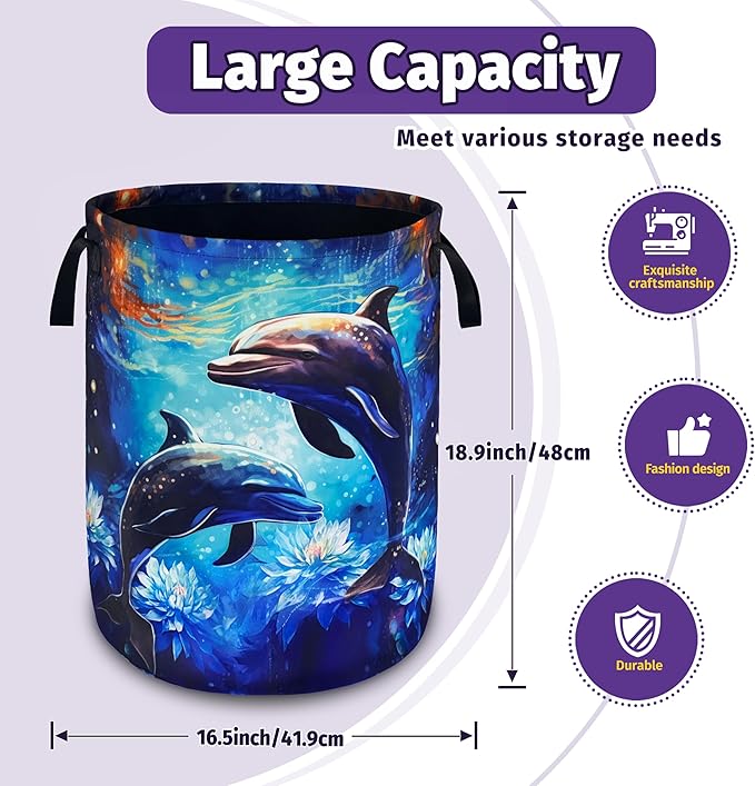 Dolphin Lotus Laundry Basket Ocean Foldable Oxford Cloth With Handle Portable Fish Storage Basket Organizer Suitable For Laundry Room/Living Room/Bedroom/Children'S Room (18.9 X 16.5 Inch)