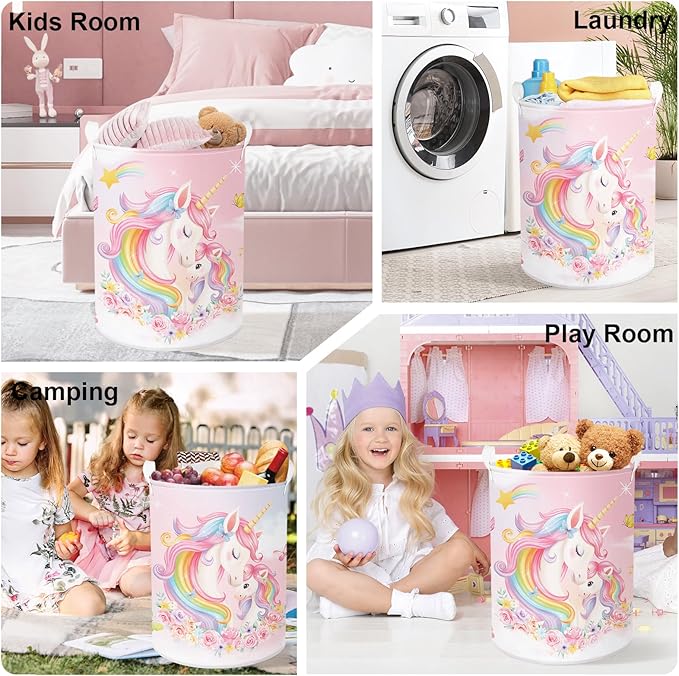Unicorn Laundry Hamper Large Storage Basket Rainbow Clouds Collapsible Parents Organizer Kids Toy Clothes Bins for Bedroom, Bathroom, Flowers, 63L
