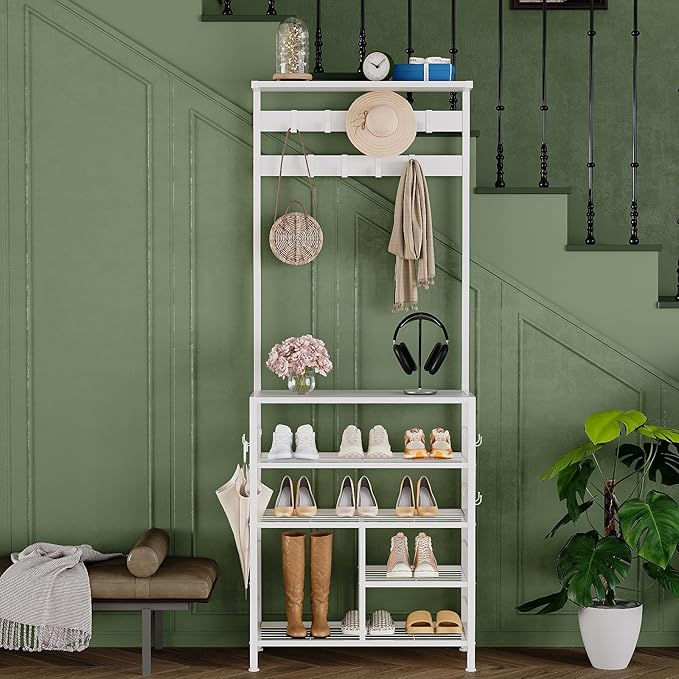 GiftGo Modern White Large 5-Tier Hall Tree Entryway Wooden Shoes Rack Shelf Coat Rack with Movable 9 Metal Hooks Storage Organizer for Home Office Bedroom Mudroom Living Room