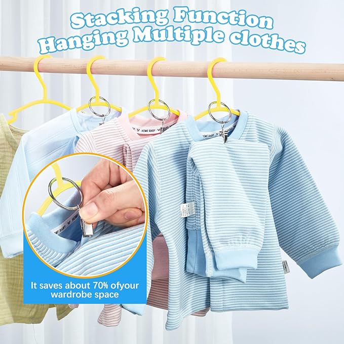 Baby Hangers with Metal Ring Clips, Children Plastic Hanger for Kids Pants Clothes Closet, 20 Pack, Yellow