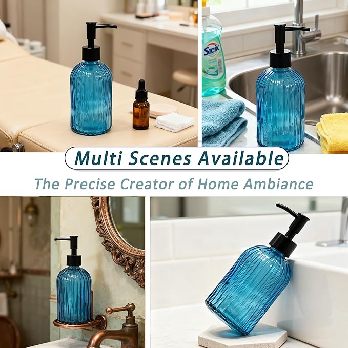 Blue Glass Dish Soap Dispenser, 13.5oz Refillable Liquid Hand Soap Dispenser, Lotion Dish Dispenser for Modern Home Decor, Kitchen Countertop, Bathroom, Hotel (2 Pack)