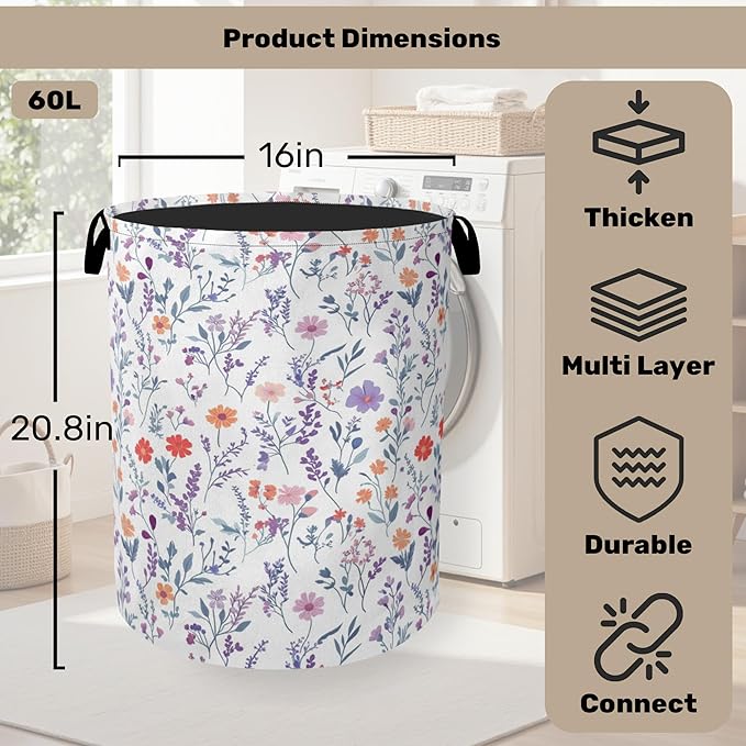 Spring Wildflowers Laundry Basket with Handles - Extra Large Foldable Hamper for Bathroom/Laundry/Bedroom/Dorm, Washable Fabric Storage Bin