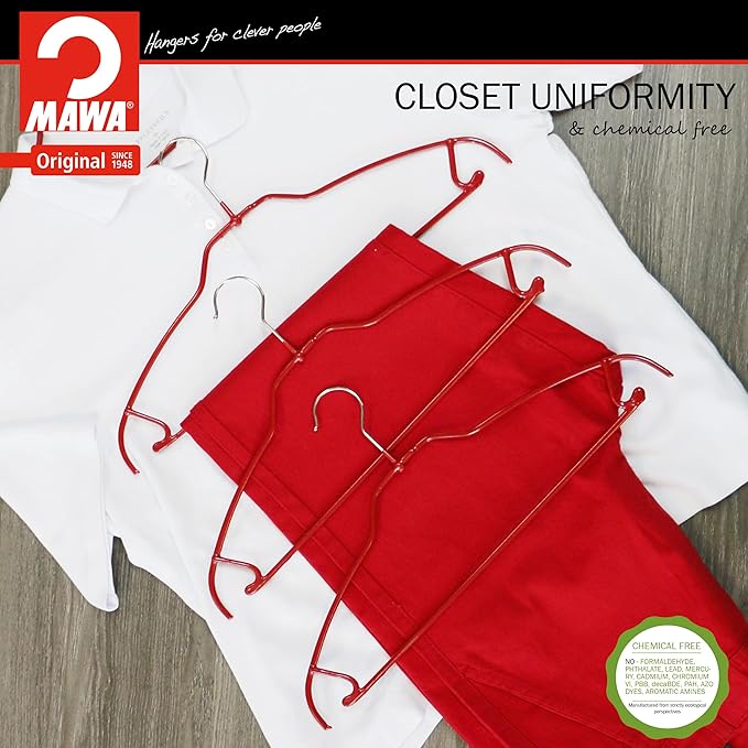 Mawa by Reston Lloyd Silhouette Ultra-Thin Series, Non-Slip Space Saving Shirt Hanger with Pant Bar & Skirt Hooks, Style 42/FTU,Pack of 130, Red