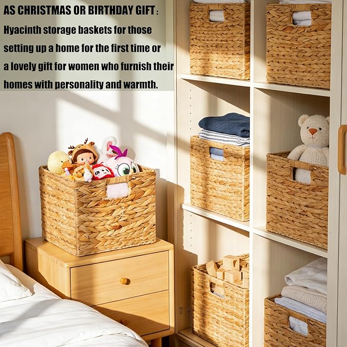 Storage Baskets 11x11inch Cube Baskets 4 pcs Baskets,Foldable Handwoven Water Hyacinth Laundry Organizer,Cube Storage Baskets