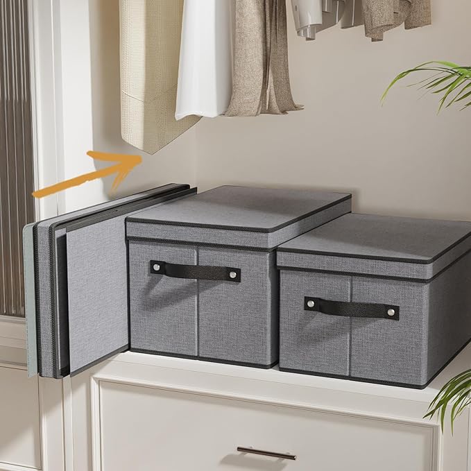 Storage Bin with Lid, Storage Box for Shoes Towels Books, Fabric Closet Organizer with Handles, Gray, 16.5 x 11.8 x 10.2 Inch, 1-Pack