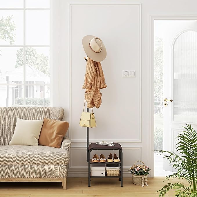 Coat Rack Stand Shoe Bench - 3 in 1 Coat Hall Tree with Shoe Storage With Benches Small Metal Shoes Shelf for Entryway Living Room Bedroom Hallway Mudroom