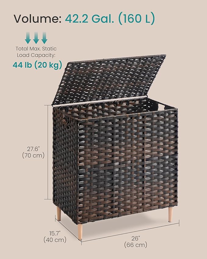 SONGMICS Laundry Hamper with Lid, 42 Gal. (160 L) PE Rattan Laundry Basket with Lid and Handles, Natural Material,Removable Machine Washable Liner, Chestnut Brown ULCB223ME01