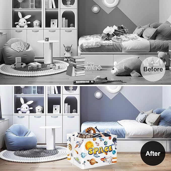 Clastyle Cosmic Space Planet Laundry Basket Star Kids Clothes Book Storage Basket Gift Toy Box for Bedroom Decor,Rocket,40x30x30 cm
