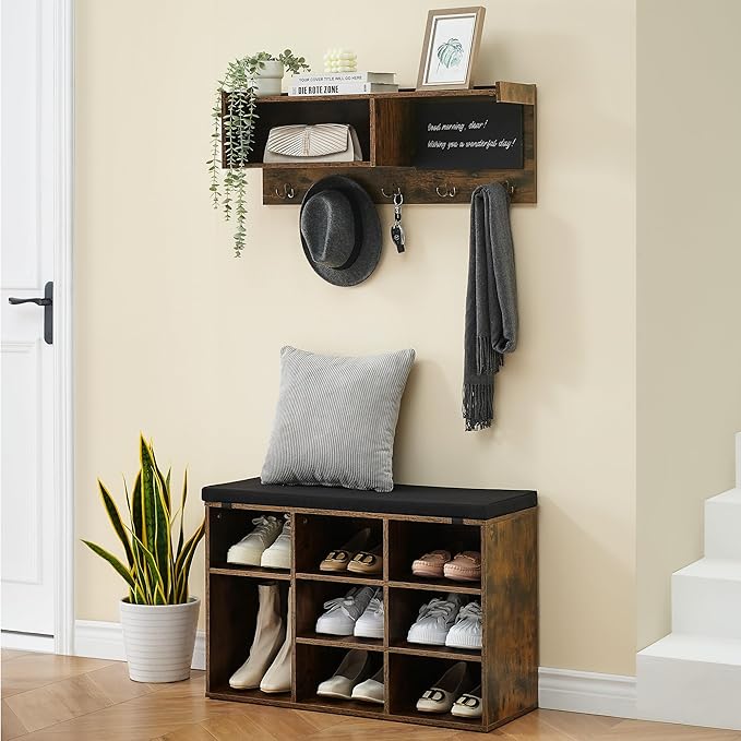 TrailBlaze Hall Tree Shoe Bench Industrial, 31.5 Inch 6 In 1 Coat/Shoe Rack With 5 Hooks 9 Storage Cubbies With Small Blackboard and Bookshelf for Entryway Hallway Living Room (Retro Brown)