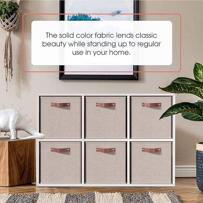 Ornavo Home 13 x 13 Storage Cube Bins, Foldable Collapsible Fabric Storage Bins Box Linen Shelf Basket Cube Organizer for Closet with Leather Handles, 6 Pack, Beige