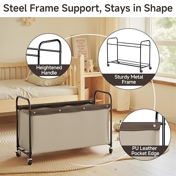 StorageWorks Toy Chest Storage with Wheels, Extra Large Kids Toy Box, Toy Storage Organizer, Metal Toybox for Bedroom, Living Room Area, Kids Room, 135L, Light Khaki