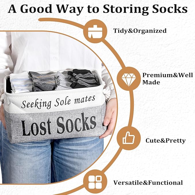 Lost Socks Basket for Laundry Room, Fabric Missing Sock Holder for Single Sock Organization, Collapsible Lost Socks Bin Stockings Container, Farmhouse Laundry Room Decor and Accessories