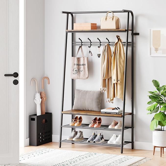 Coat Rack Shoe Bench with Single-Row 6 Hooks 80cm Width, 3-Tier Shelf Entryway Hall Tree with Storage, Metal Frame Multifunctional Organizer, 4-in-1 Coat Rack for Bathroom, Hallway.Brown.