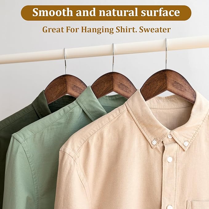 Wooden Suit Hangers 10 Pack Wide Shoulder Wooden Suit Coat Hangers with Non Slip Pants Bar Premium Wood Hanger with 360 Degree Swivel Hooks for Sweater, Pants, Heavy Clothes, Walnut