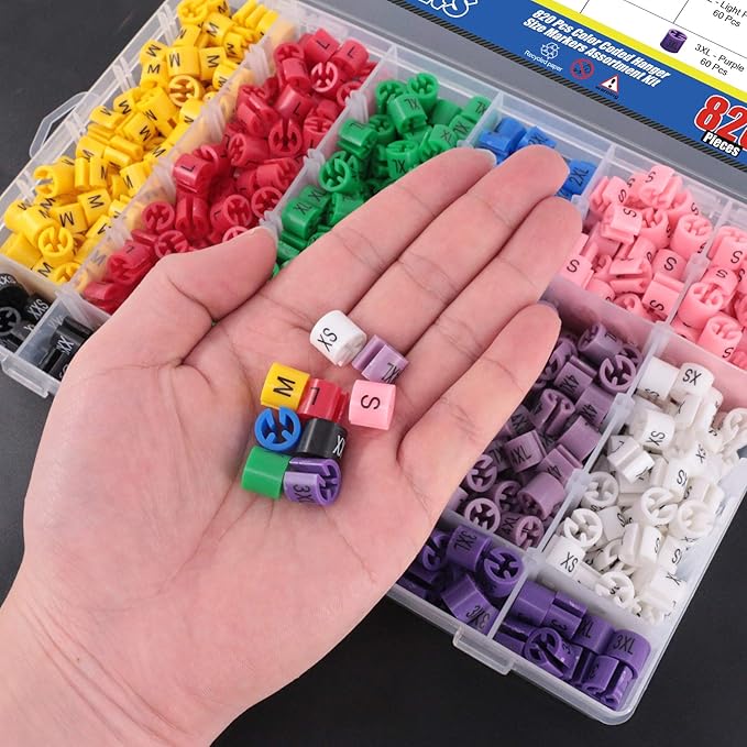 Glarks 820Pcs 9 Colors『XXS - 4XL』Colored Hanger Sizer Garment Size Markers Color Coded Size Clips Assortment Set Fit for 2-4mm Hanger Hook Used for Wire Hangers