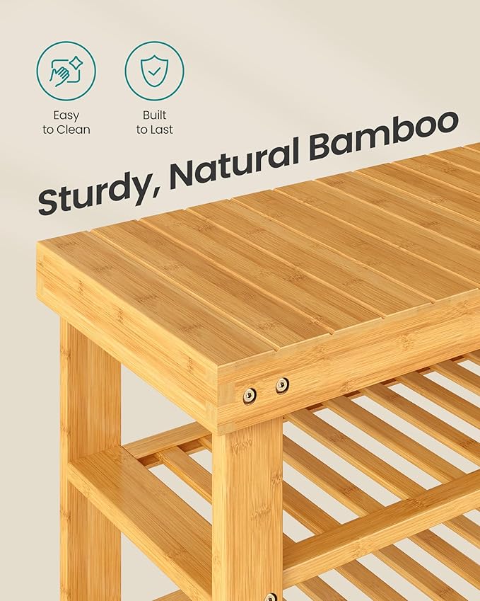 SONGMICS Shoe Rack Bench, 4 Tier Bamboo Shoe Storage Organizer, Entryway Bench, for Living Room, Bathroom, Bedroom, 11.3 x 27.6 x 20.5 Inches, Light Bamboo ULBS370YL01