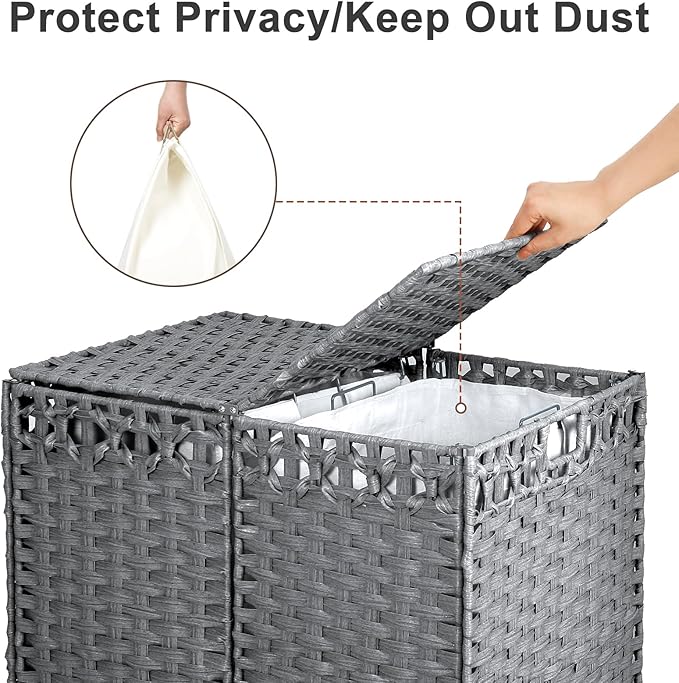 170L Foldable Laundry Hamper with Lid - Handwoven Rattan Storage Basket, 2-Section Clothes Hamper w/2 Removable Liner Bags, Easy Assembly, Portable for Bedroom Bathroom Dorm,Grey