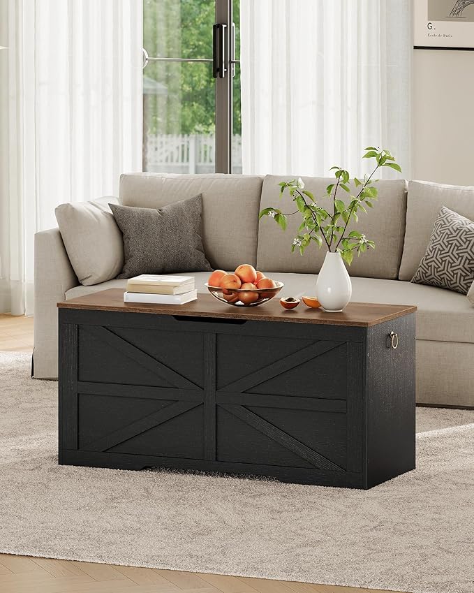Storage Chest, 39.4" Wooden Storage Trunk, Modern Storage Bench with Safety Hinge, Toy Box, Farmhouse Style, for Bedroom, Living Room, Walnut and Black MCW10BL
