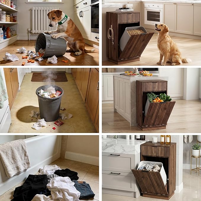 Tilt-Out Trash Cabinet with 10-Gallon Capacity, Walnut Laundry Hamper Cabinet, 34.3 x 19 x 13.8 inches, Wave-Textured Front.