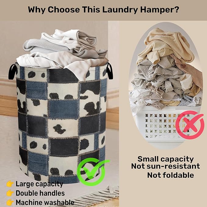 Denim Patchwork Cow Print Large Clothes Hamper Bag - Laundry Basket with Handles, Space Saving Foldable Design for Nursery