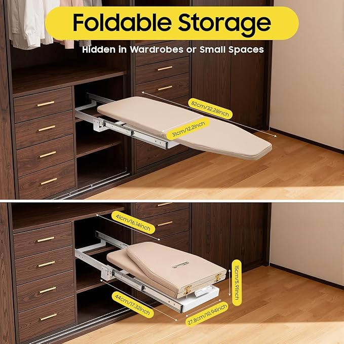Retractable Ironing Board, 180° Rotation Foldable Ironing Board Closet Sliding Out Swivel Iron Boards Mounted Pull Out Iron Folding Boards with Cloth Cover for Bedrooms Checkrooms Sewing Rooms